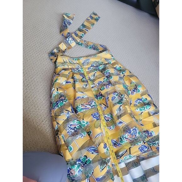 Banjul Women’s A-line High Low Skirt Yellow Size S Floral Pleated Striped Sheer - Picture 12 of 12